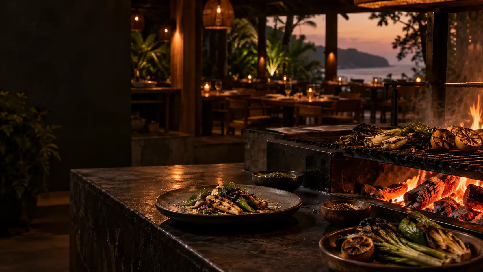 Imaginary open-fire kitchen, glowing embers and seasonal vegetables at dusk