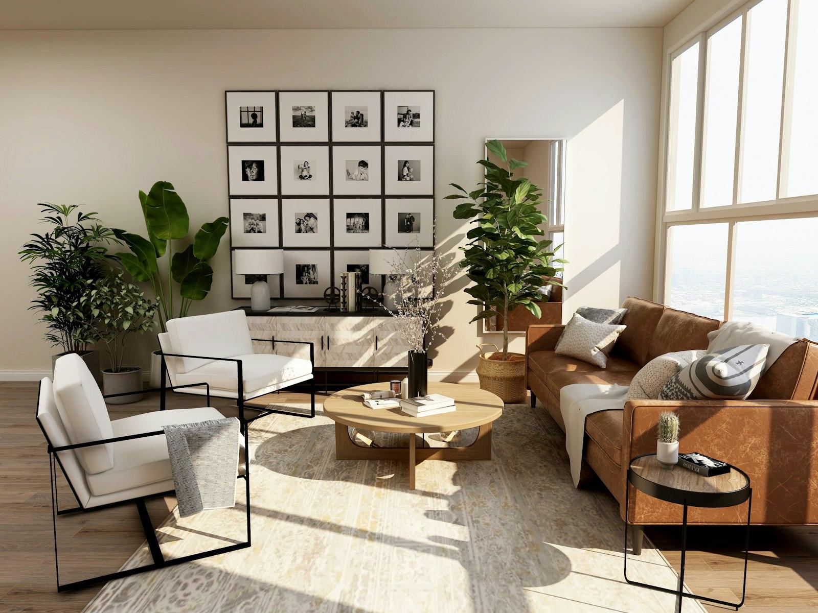 Sunlit living room with warm timber furniture, a leather sofa and linen chairs