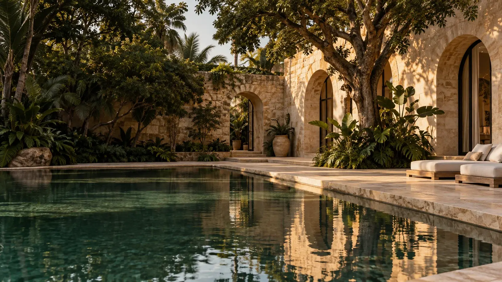 Imagined limestone courtyard and still green pool in late afternoon light