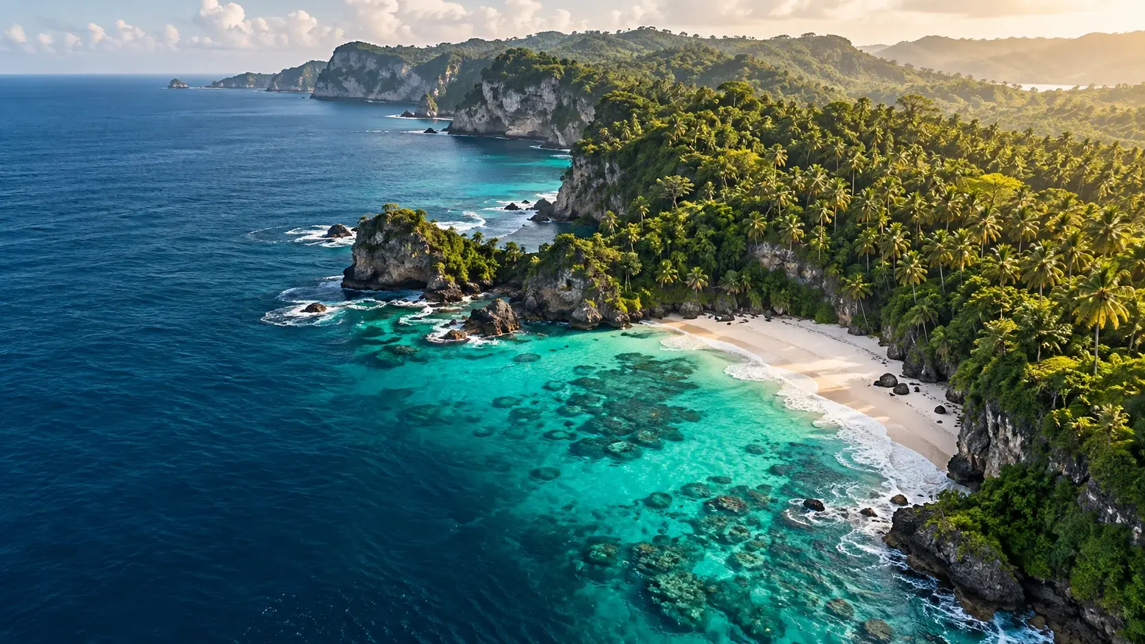 A dramatic island coastline and open water seen from above